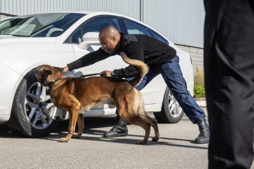 K-9 security professional checking a vehicle with a trained sniffer dog.